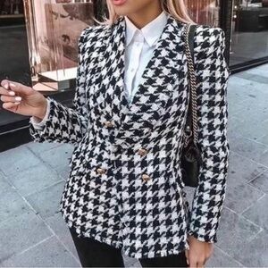 Zara - Blogger’s Fave: Houndstooth Tweed Double Breasted Blazer / Jacket, XS